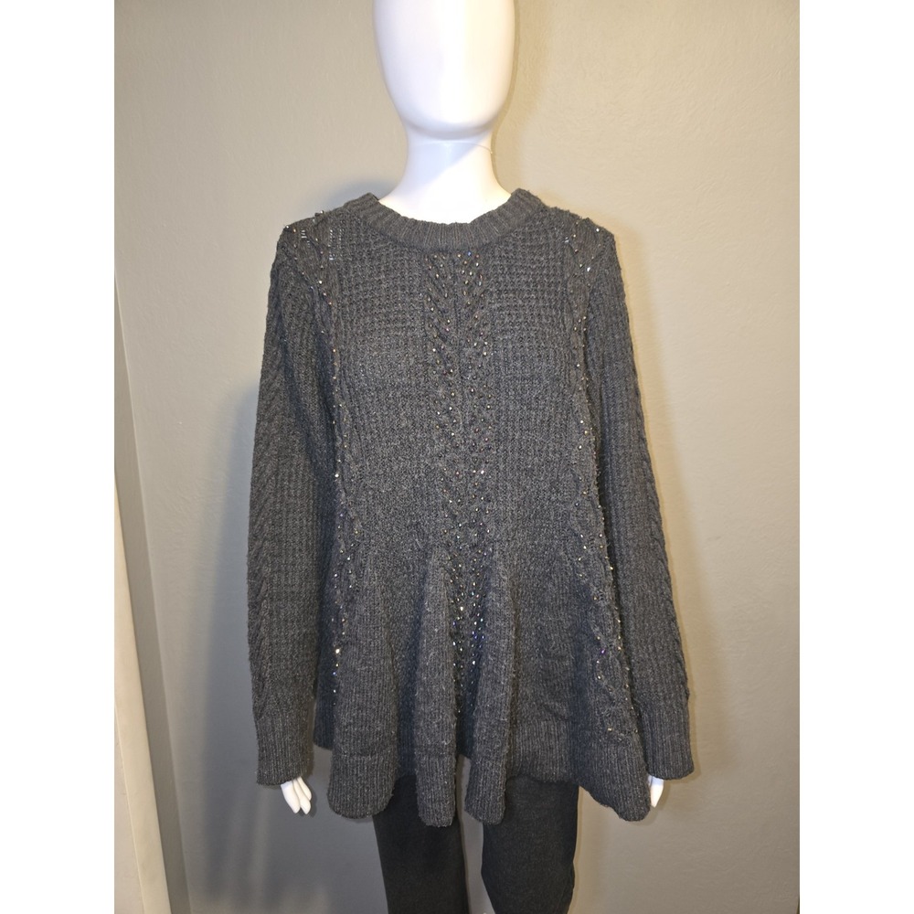 Roamans Jewel Rhinestone Embellished Peplum Gray Knit Sweater Womens Sz 14/16 M